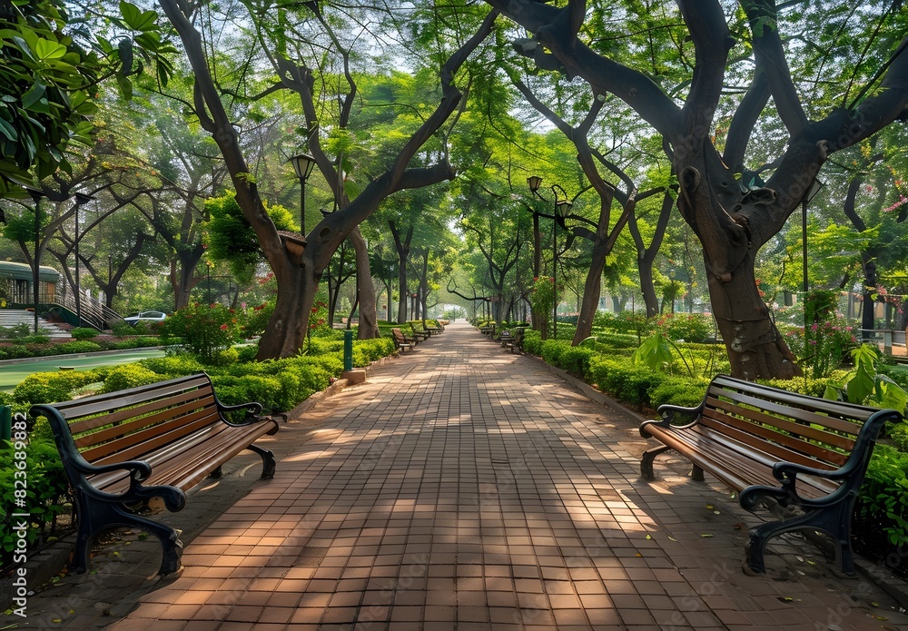Lush Green Garden Path with Benches Offering Peaceful Retreat in Shaded Nature Landscape Lush Green Garden Path with Benches Offering Peaceful Retreat in Shaded Nature Landscape