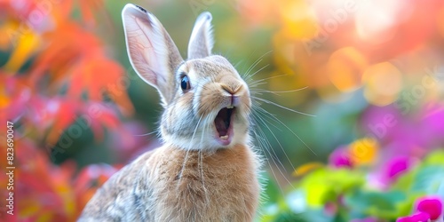 Rabbit Overgrown Teeth: Pain, Loss of Appetite, and Dental Issues. Concept Rabbit Health, Dental Care, Rodent Problems, Animal Nutrition photo