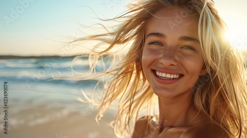 sunkissed blonde beauty enjoying carefree beach day radiant smile and windswept hair wide banner composition photo