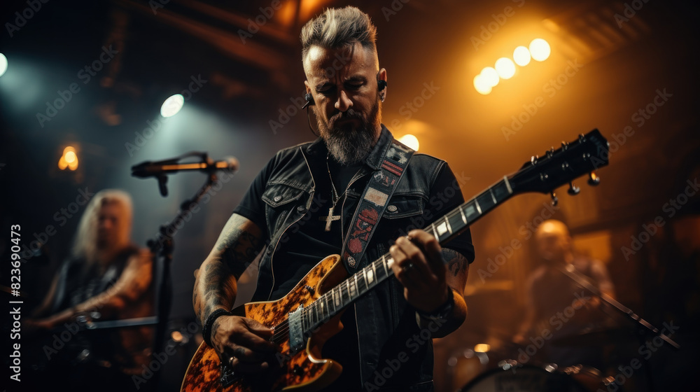 Fototapeta premium A guitarist is intensely performing at a live concert with blurred crowd and lights