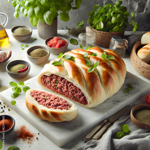 Hawawshi Minced Meat Stuffed Bread on Marble Counter photo