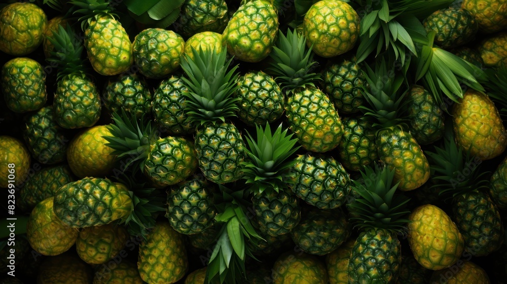 A lush array of whole, fresh pineapples with green leafy tops, closely packed