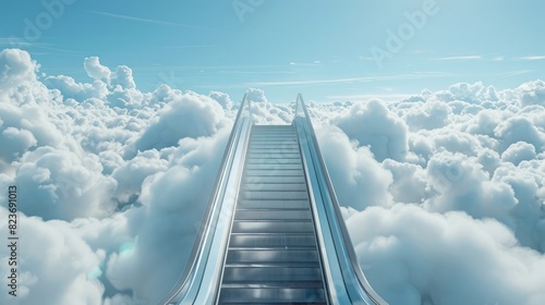 3d render of white clouds in the sky with an escalator going up, light blue background, high resolution, high detail, hyper realistic, sharp focus,
