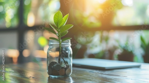 lant Growing Out Of Coin Jar On Table In Office - Investing / Business Success Concept