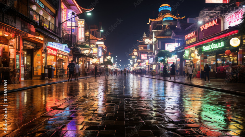 A dazzling night-time city street scene with colorful neon signs and wet reflections