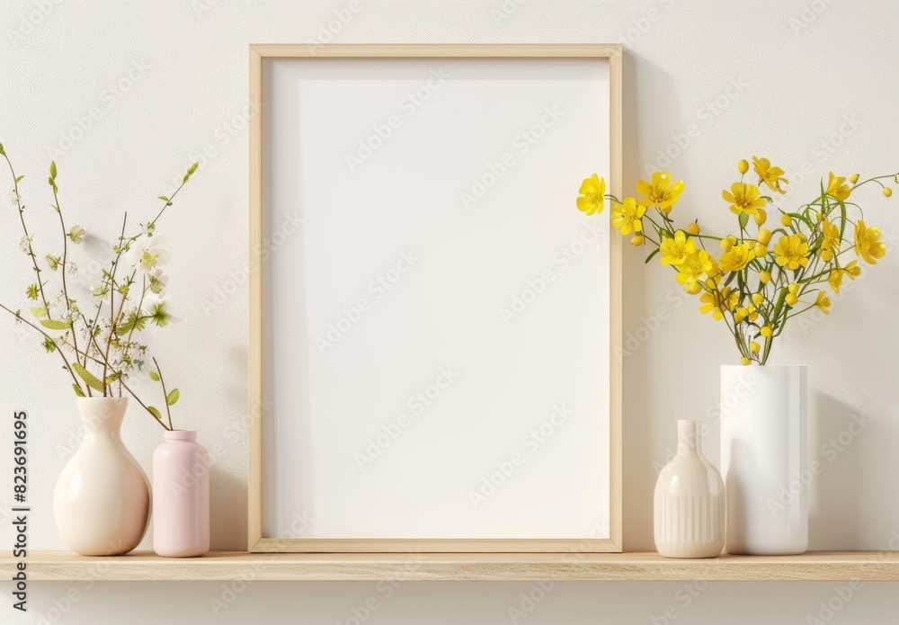 wooden vertical frame mockup on white table with colorful vases and yellow craxilly flower in pastel colors. Modern interior design wooden vertical frame mockup on white table with colorful vases and yellow craxilly flower in pastel colors. Modern interior design