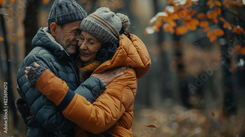 A middle-aged man embraces his wife lovingly, her bundled in an oversized puffer jacket photo