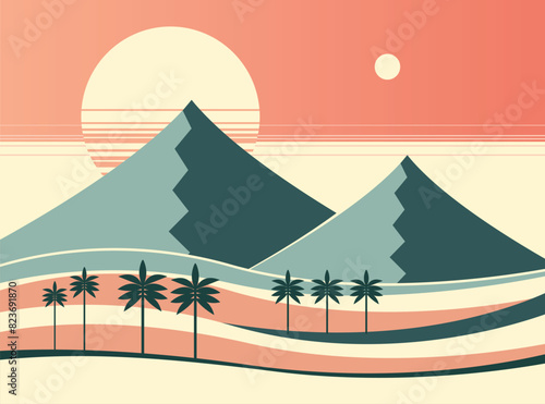 Minimalist scene capturing beauty of a sunset over a mountainous landscape.