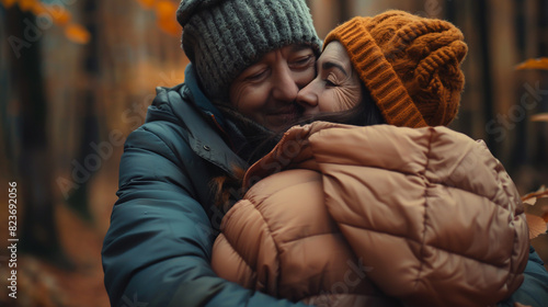 A middle-aged man embraces his wife lovingly, her bundled in an oversized puffer jacket photo