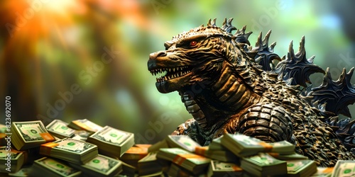 Godzilla towering over piles of money symbolizing the impact of inflation. Concept Economic Inflation, Money Piles, Godzilla Symbolism, Financial Impact, Economic Illustration photo