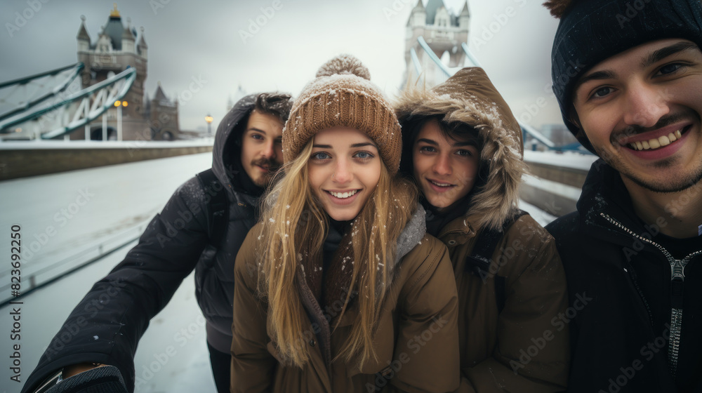 Four friends enjoy a winter day out in London as they take a group selfie with the famous Tower Bridge in the background Four friends enjoy a winter day out in London as they take a group selfie with the famous Tower Bridge in the background
