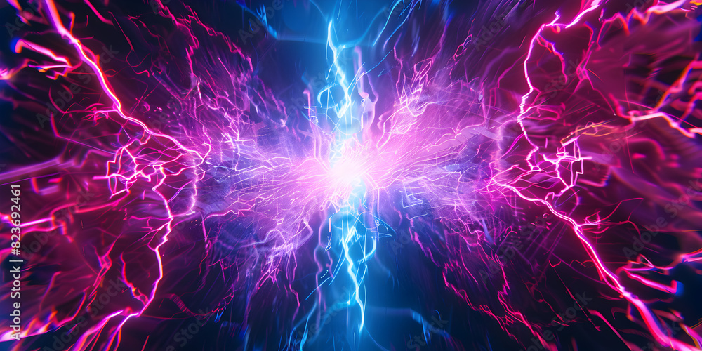 Obraz premium The Chaotic Composition of Electrical Discharges Crafting a Dynamic and Illusory Neon Lightning Landscape Abstract Electric Bolt Background Art Banner 