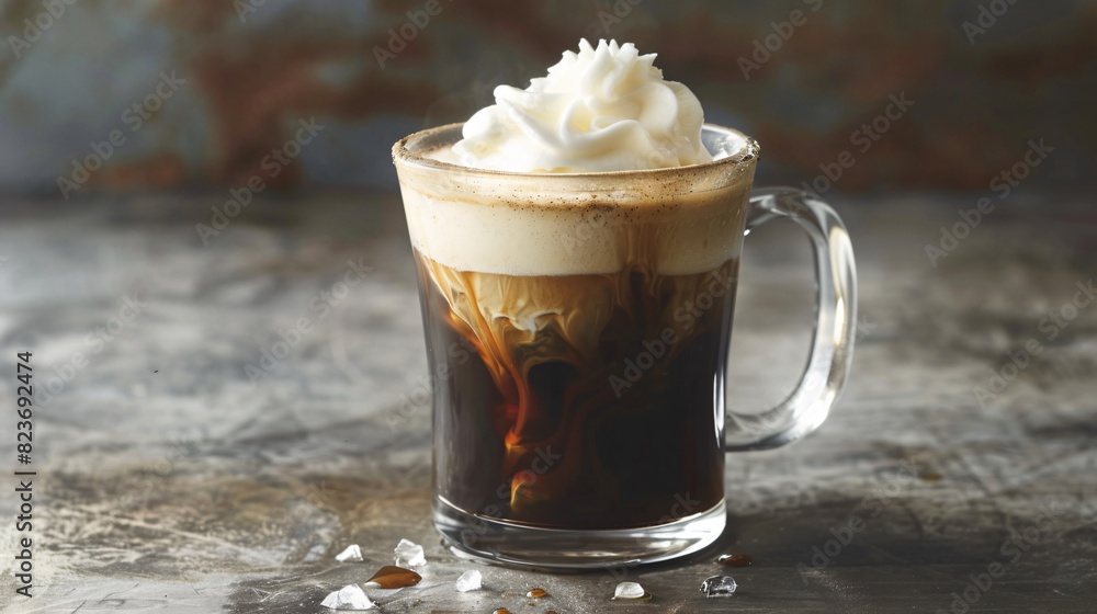 There is coffee and cheese tea cap in the transparent coffee cup. There is coffee and cheese tea cap in the transparent coffee cup.