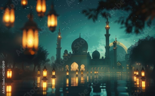 3d rendering of Ramadan Kareem background with lanterns and mosque in night. concept for greeting card, banner or poster design. ,copy space, High quality, +