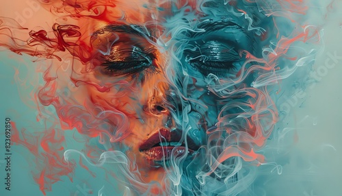 powerful message on smoking cessation using glitch art Present a face at eye-level angle, half obscured by smoke and half clear photo