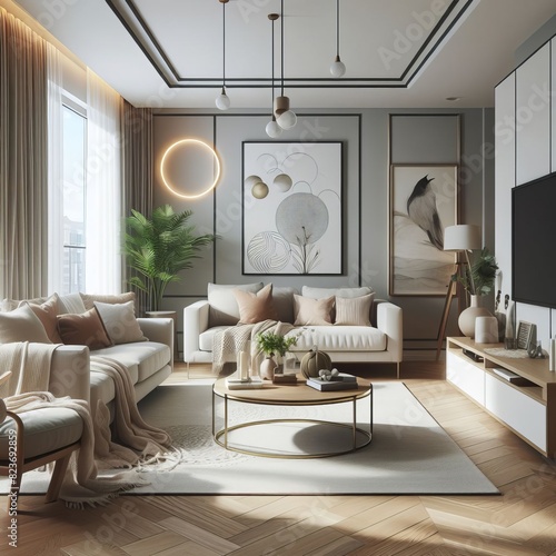 Modern Scandinavian living room with a minimalist design, neutra photo