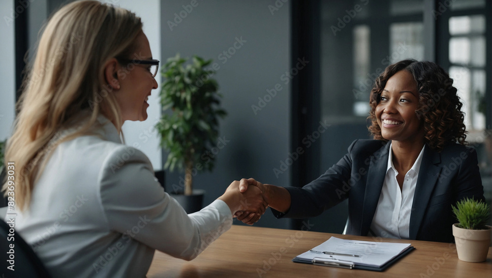 Happy black job candidate shaking hands each other at CEO office Happy black job candidate shaking hands each other at CEO office