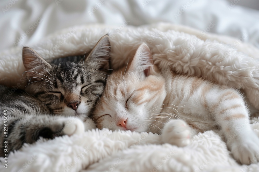 2 Lovely cats sleep together on white fluffy bed 2 Lovely cats sleep together on white fluffy bed