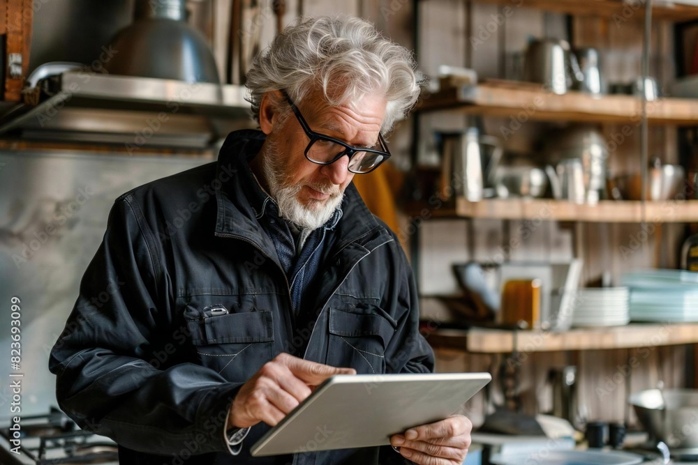 Senior male Caucasian technician adjusting thermostat using tablet in modern home. Senior male Caucasian technician adjusting thermostat using tablet in modern home.