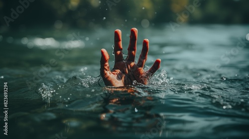 The desperate hand of a drowning person in sea water, quickly needing help and rescue photo