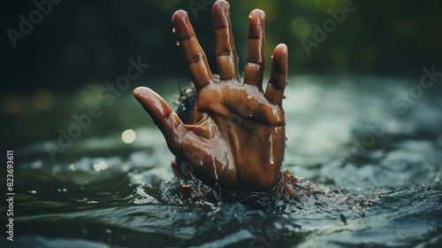 The desperate hand of a drowning person in sea water, quickly needing help and rescue photo