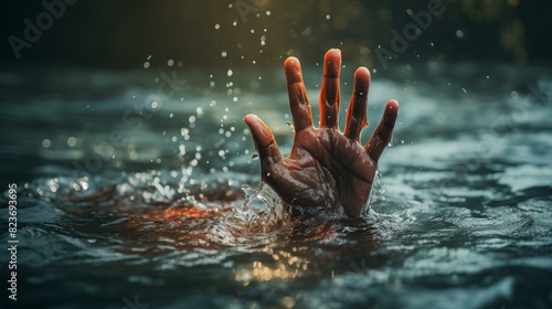 The desperate hand of a drowning person in sea water  quickly needing help and rescue