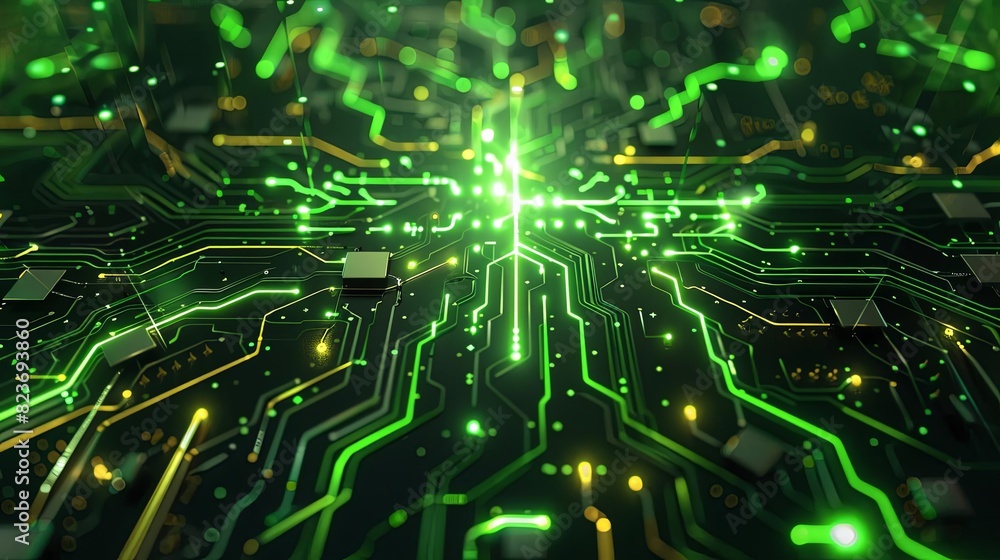 vibrant neon green circuit board emitting a powerful burst of electric energy digital art