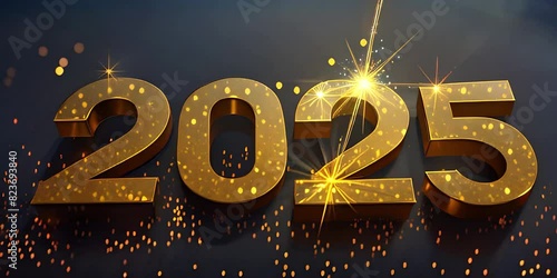 Golden sparkling numbers 2025 on a black background with bokeh lights. Happy New Year 2025 card design.