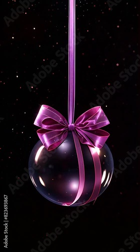 Christmas background. A transparent Christmas ball with a pink bow hangs on a pink ribbon on a dark background with sparkles and bokeh lights. Vertical video.