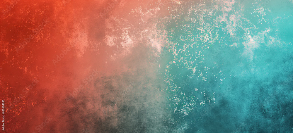 A grunge texture featuring a dynamic blend of warm red and cool teal hues, fading into one another. The distressed, textured surface creates a vibrant yet edgy backdrop for creative or design A grunge texture featuring a dynamic blend of warm red and cool teal hues, fading into one another. The distressed, textured surface creates a vibrant yet edgy backdrop for creative or design