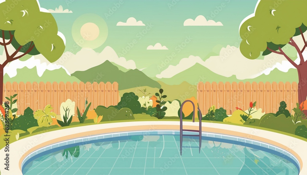 summer background template; swimming pool and garden view