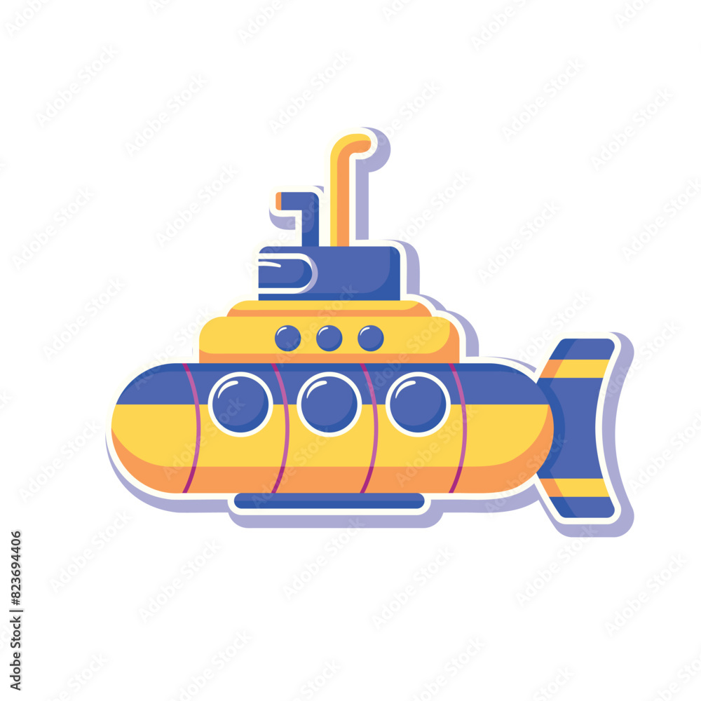 Obraz premium Yellow Submarine with periscope on white background. Underwater Sea research transport in flat style. Childish toy vector illustration. Suited for children coloring book, print, education, element
