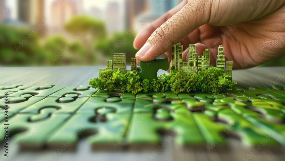 Hands Holding Puzzle Piece Over Green Cityscape Hands Holding Puzzle Piece Over Green Cityscape