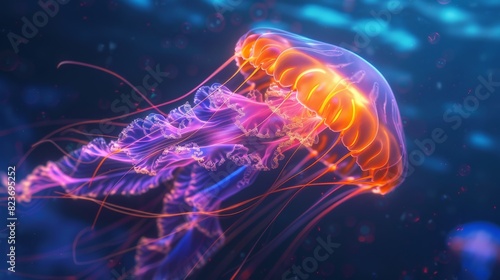 Glowing neon abstract of a jellyfish swimming in deep waters