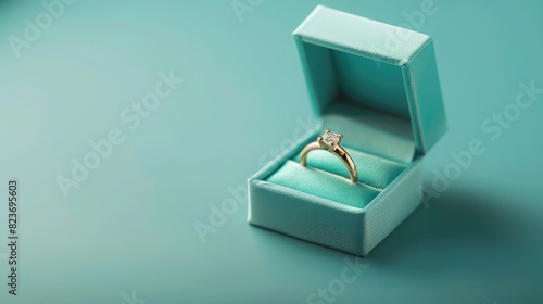 A golden ring in an open turquoise gift box on a blue background,