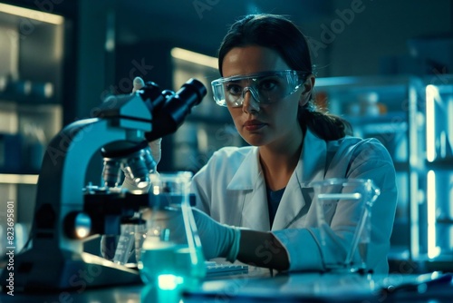 Mature female Hispanic scientist discovering new breakthroughs using microscope in state-of-the-art laboratory