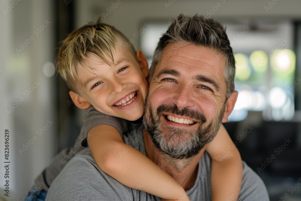 Fototapeta premium Close-up portrait of a father and son warmly embracing. Parenthood concept
