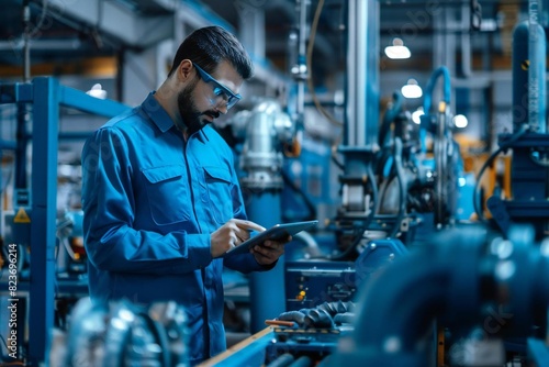 Young male Hispanic engineer analyzing data using tablet at manufacturing plant