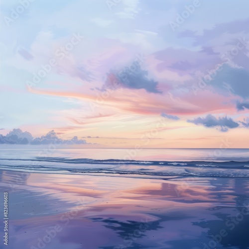 A beautiful painting of a beach with a cloudy sky and a pink and purple sunset