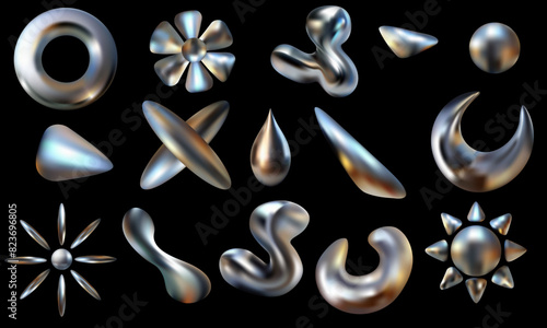 metal 3D shapes in Y2K style on a black background