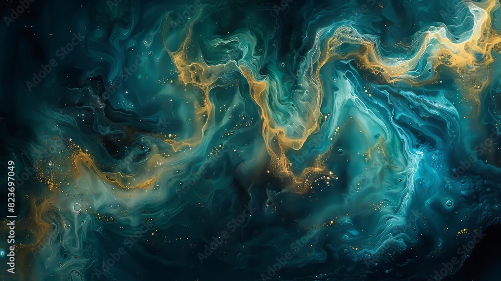 Stunning galaxy-inspired abstract art featuring swirling blues, greens, and golds, creating a mesmerizing and otherworldly visual experience. Stunning galaxy-inspired abstract art featuring swirling blues, greens, and golds, creating a mesmerizing and otherworldly visual experience.