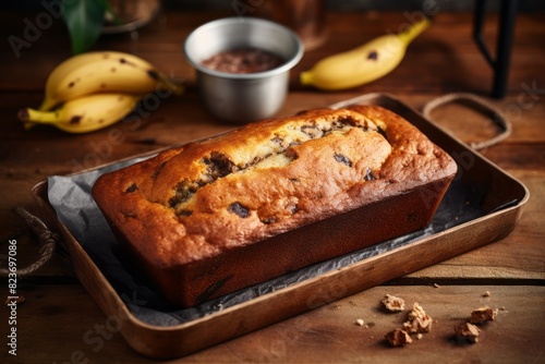 Tempting banana bread on a metal tray against a pastel painted wood background