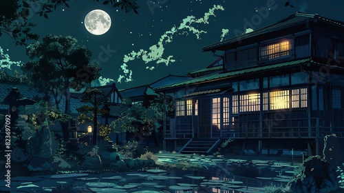 New moon night in the garden of a mansion in old Japan, japanese animation style © Pter