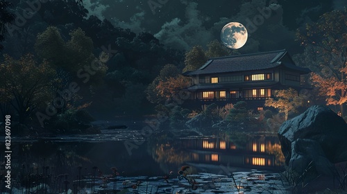 New moon night in the garden of a mansion in old Japan, japanese animation style