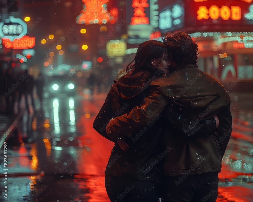 A couple embraces while walking in a neon-lit city street at night, reflecting lights on the wet pavement, capturing urban romance.