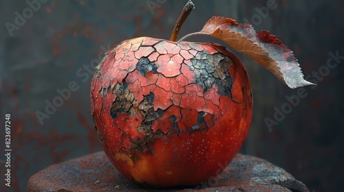 A close-up of a decaying apple with a cracked surface, showcasing the natural process of deterioration against a dark background.