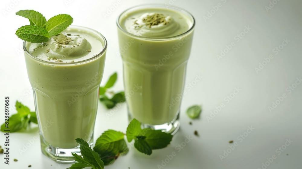 A close-up of a refreshing green smoothie served in a glass, garnished with fresh mint leaves. A close-up of a refreshing green smoothie served in a glass, garnished with fresh mint leaves.