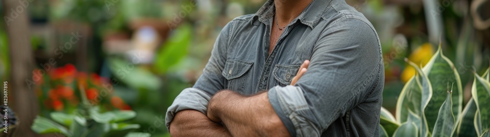 Obraz premium Man in hat and overalls standing in garden