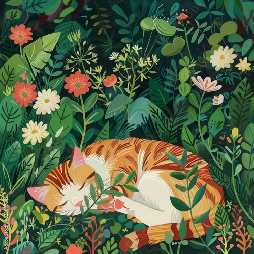 A cat is sleeping in a lush green field with flowers