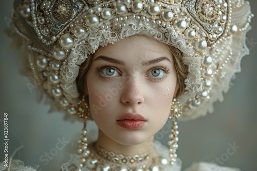 A close-up view of a woman elegantly adorned in pearls.